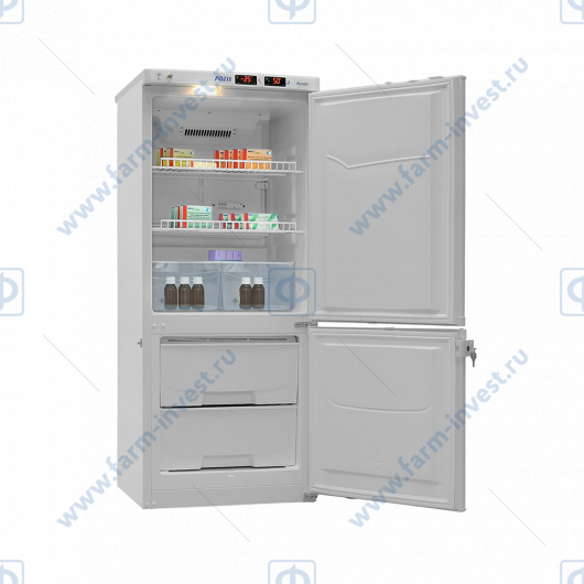 Холодильник комбинированный лабораторный ХЛ-250 ПОЗиС (170/80 л) с дверями из металлопласта, серебро