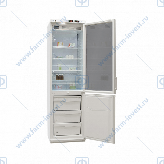 Холодильник комбинированный лабораторный ХЛ-340(ТС) ПОЗиС (270/130 л) с тонированной стеклянной дверью и дверью из металлопласта, серебро