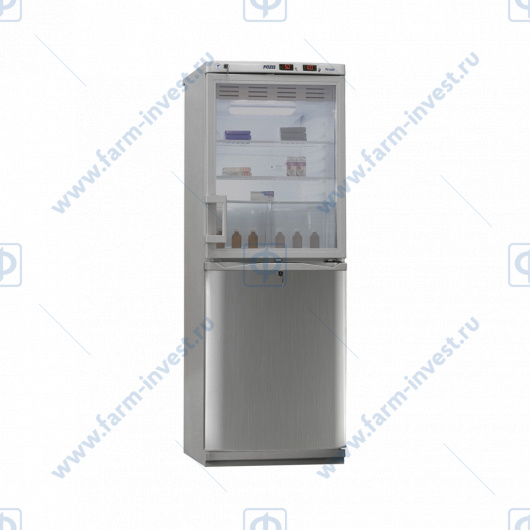 Холодильник фармацевтический двухкамерный ХФД-280(ТС) ПОЗиС (140/140 л) с дверью из металлопласта и с тонированной стеклянной дверью, серебро